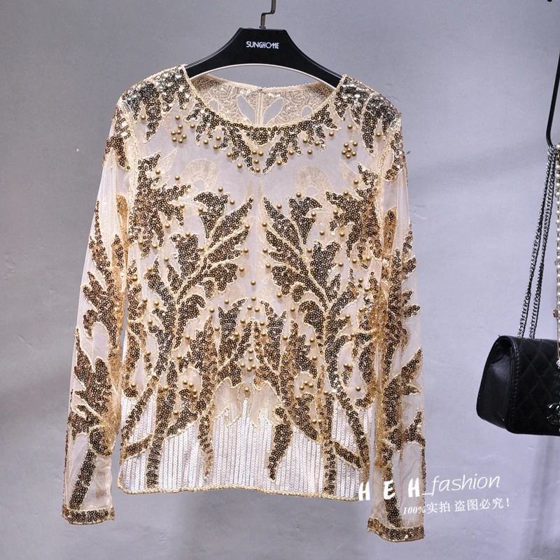 European and American heavy industry sequin embroidery gold sequin bottoming shirt round neck sexy fashion women's trend