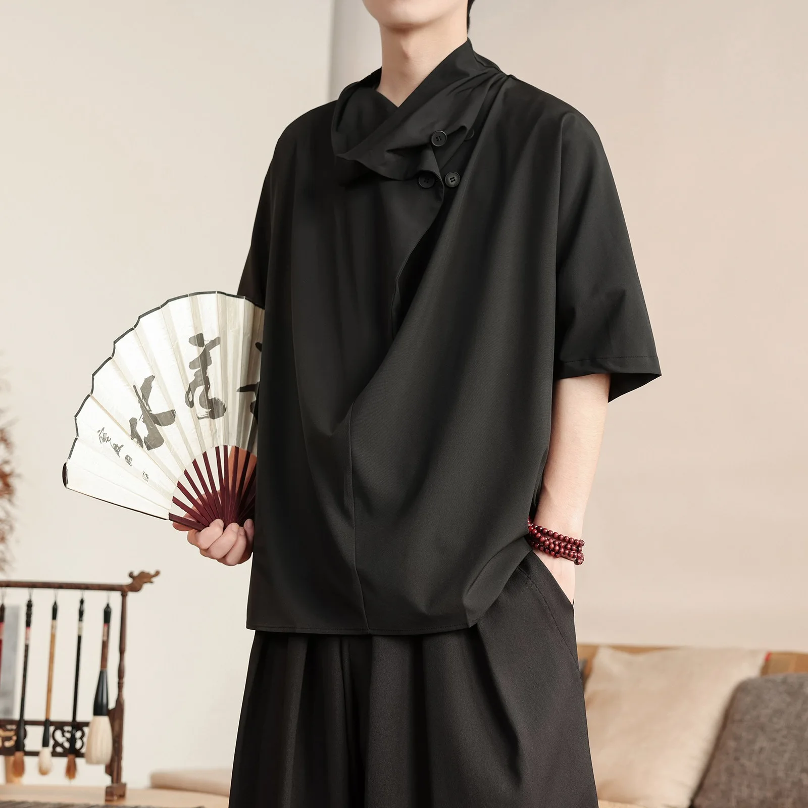 Summer Chinese Style Men's Dark Ice Silk Niche Design High Pile Collar Five-point Short-sleeved