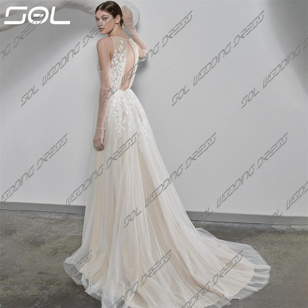 SOL Sexy o-collo senza maniche in pizzo Appliques abito da sposa Backless a-line Tulle abiti da sposa lunghi fino al pavimento Sexy su misura