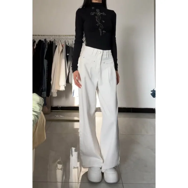 

Women's White Wide-Leg Pants Loose Fit Casual High-Waisted Daily Bottoms