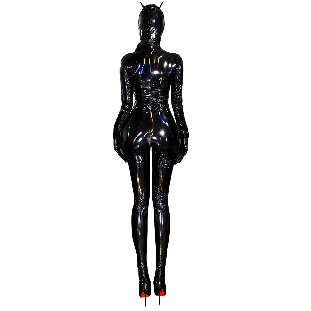 Frauen Cosplay Nachtclub Bodycon Overall Glänzend Strampler PU Leder Body Zipper Gabelung Catsuits Langarm Wet Look Trikots