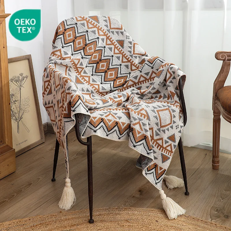 

Bohemian Knit Acrylic Shawl Blanket - Soft Woven Throw for Sofa & Nap, Winter Warm Wrap with Fringe, Cozy Home Decor (130x170cm)