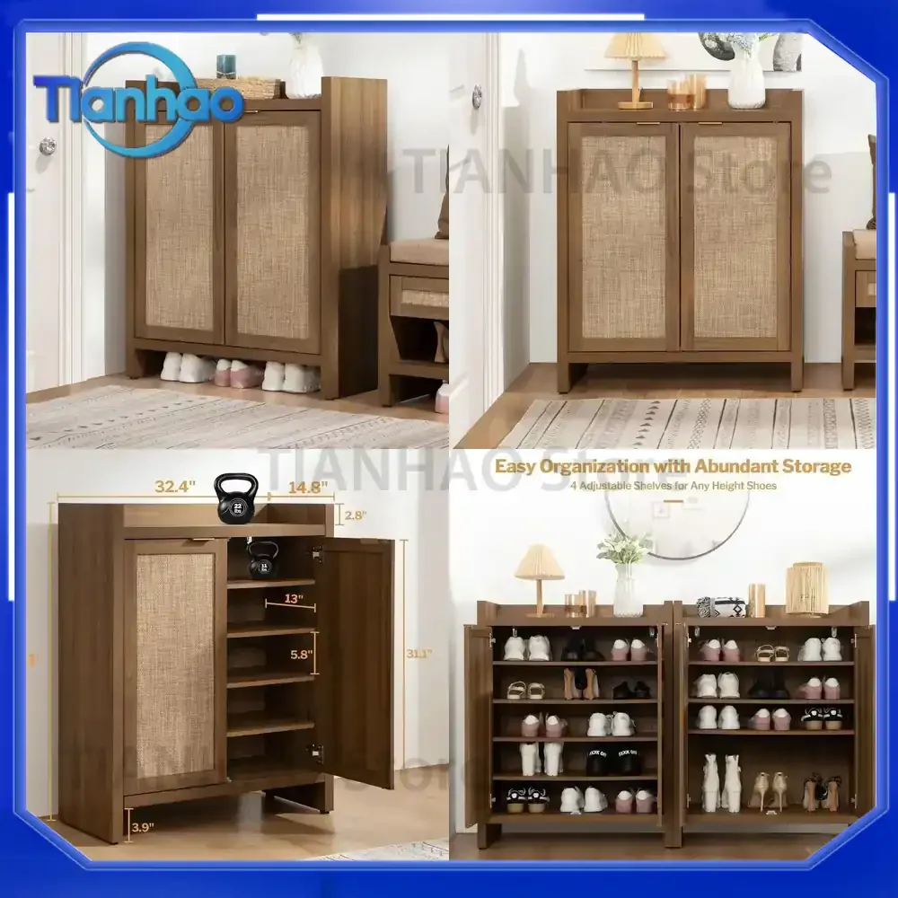 OEM Customized Shoe Cabinet for 2025 Pairs 6-Tier Antique Wooden Shoe Rack with Rattan Doors and Shelves for Home Shoe
