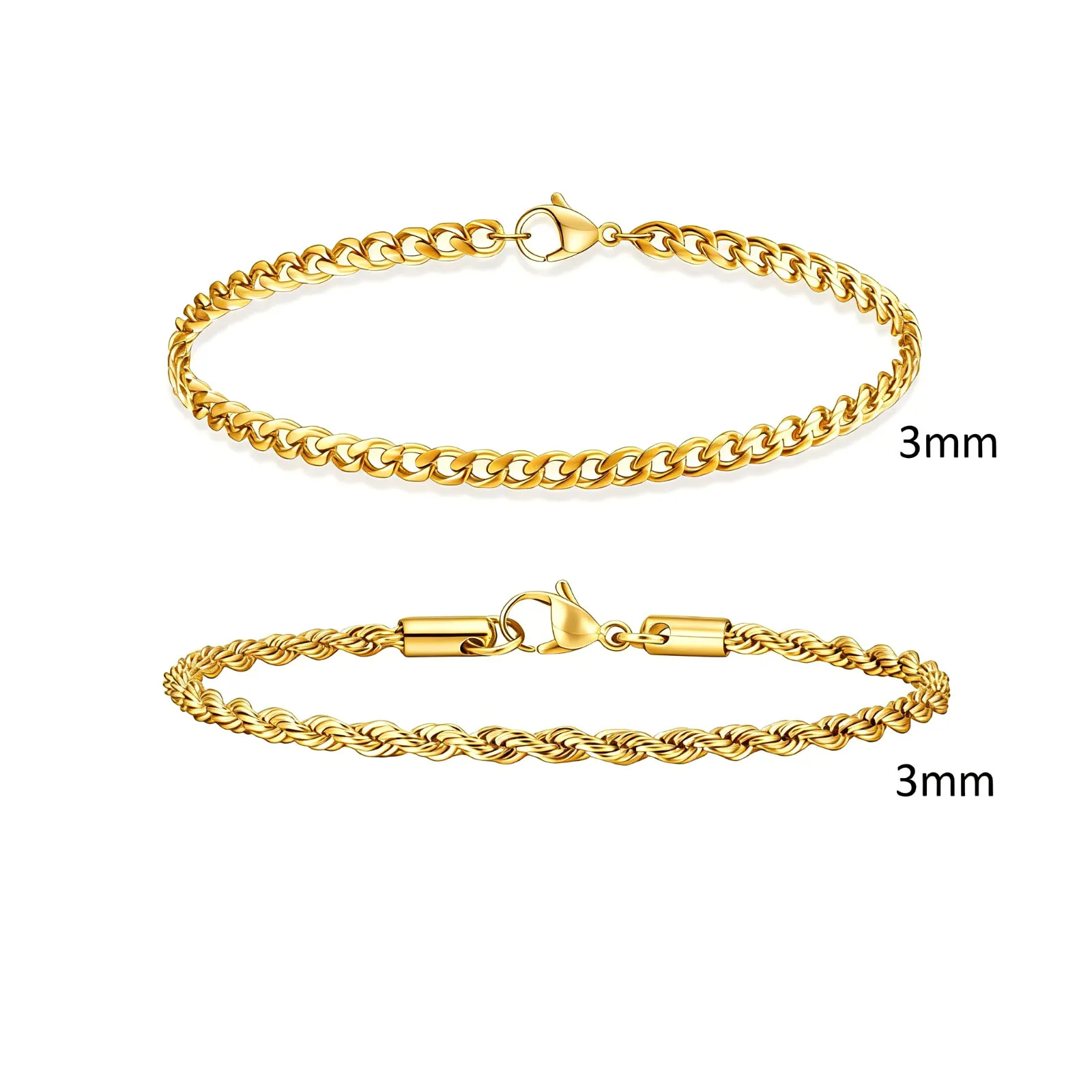 2 Stück Herren-Kettenarmbänder, Edelstahl, Silber, Gold, Schwarz, Twist-Seil-Kettenarmband, trendige kubanische Gliederketten, Geschenk