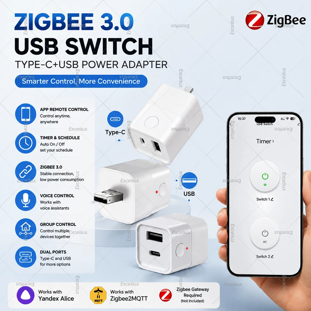 Zigbee USB-Adapter-Schalter 5V Micro Type-C/USB-Stromadapter-Stecker App-Fernbedienung Kompatibel mit Home Assistant Zigbee2MQTT Yandex