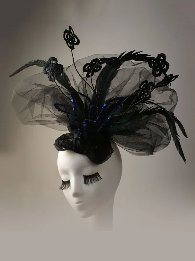 Black Big Veil Crown Hair Ornament Photography Stage Performance Model Catwalk Headwear Photography Personality