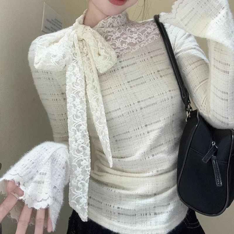 

Ribbon Bow Lace Patchwork with Slim Fit Short Top for Autumn and Winter Design, Fashionable and Versatile