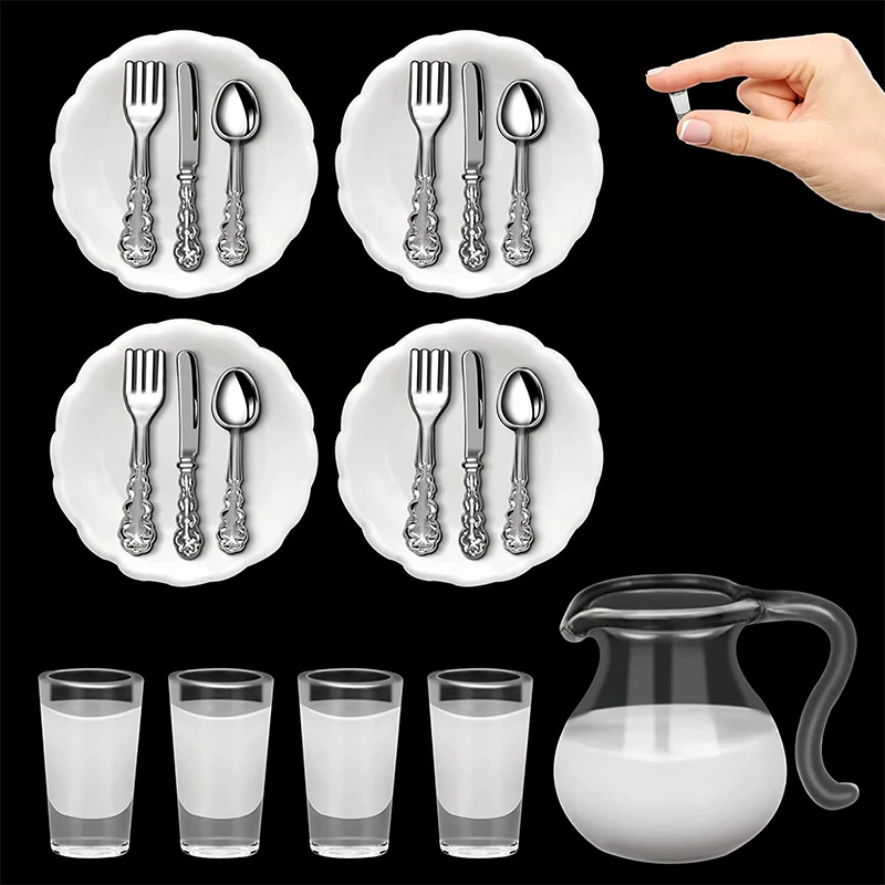 21PCS Dollhouse Gnome Miniature Scene Resin Milk Drink Food Ceramic Saucer Metal Knife Fork Glass MilkJug Crockery Plate Accesso