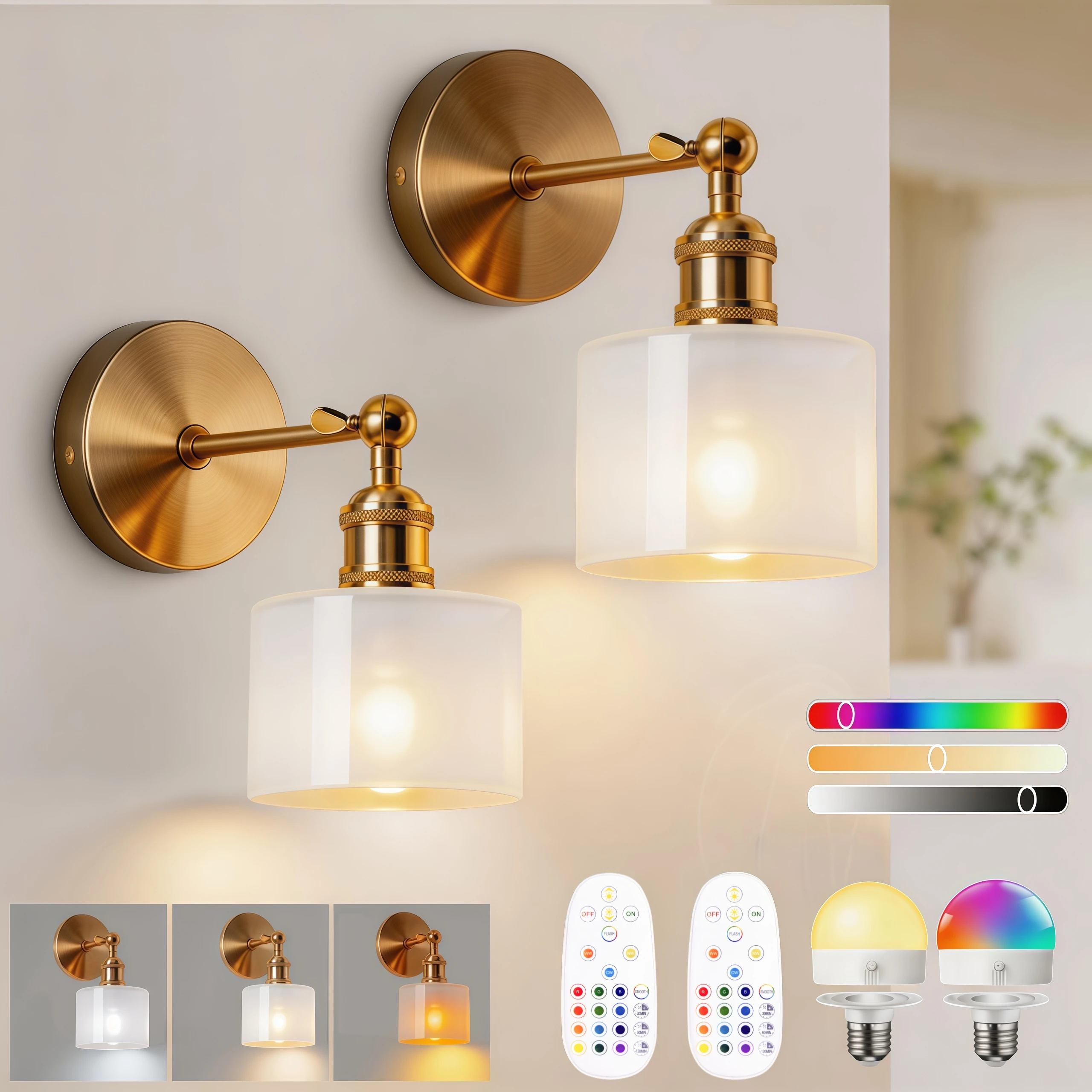 Retro Gold Wireless Wall Lamp, Battery-Powered, Rechargeable Wall Lamp with Glass Shade, Remote Control and 15-Color Light Bulbs, Cordless Wall Lamp for Bedroom, Living Room, Hallway Wall Decoration