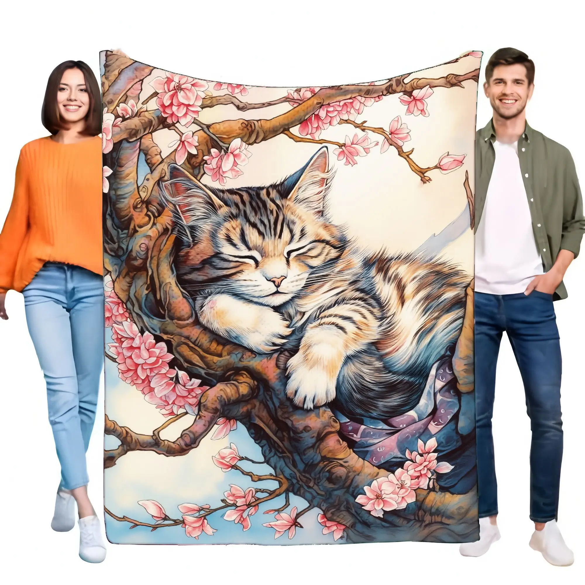 Artistic Tabby Cat Blanket Cozy Cherry Blossom Tree Design Soft Lightweight Throw for Home Decor, Ideal Gift for Cat Lovers, Per