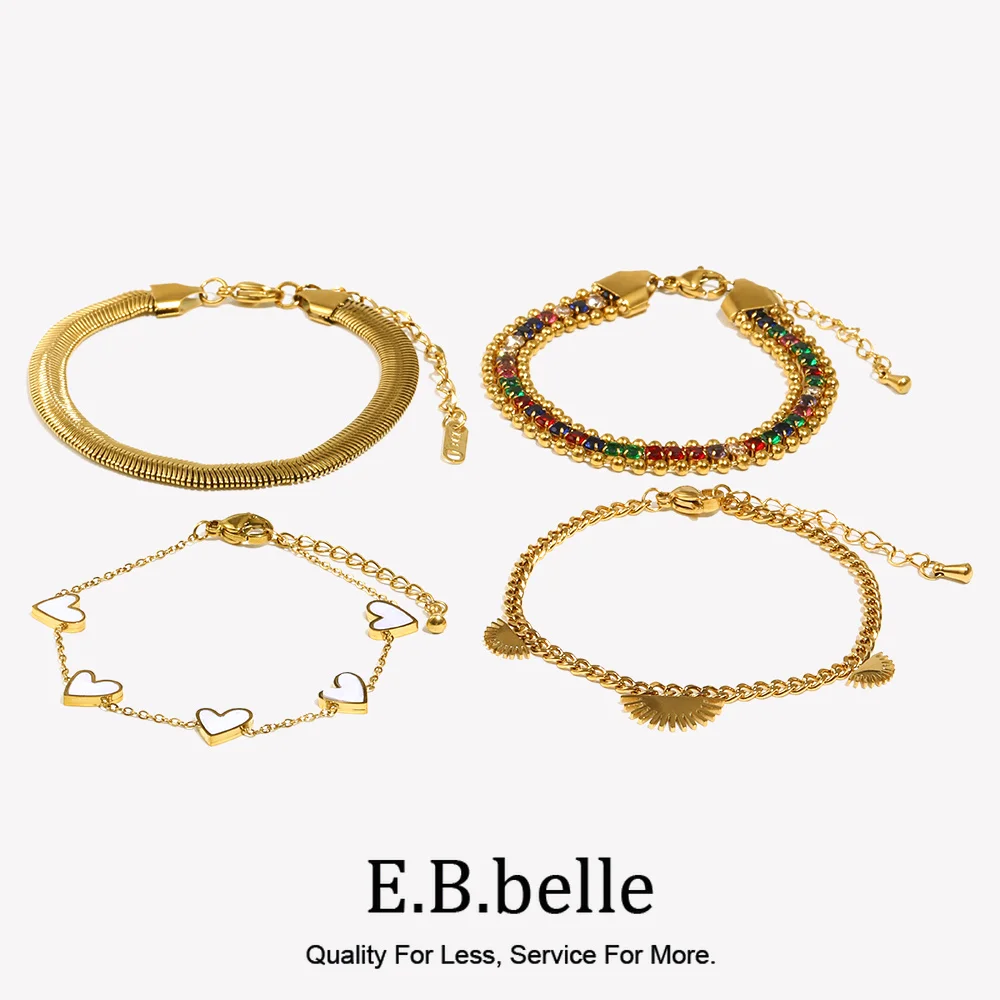 E.B.belle Double Sided Shell Heart Snake Chain Three Layer Bead Half Sunflower 316L Stainless Steel 18K Gold Plated Bracelet