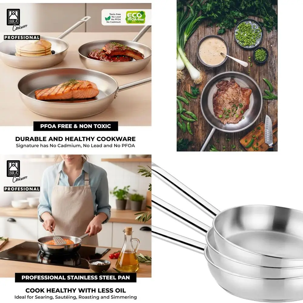 

Professional 3-Piece Frying Pan Set | 8, 9.5, 10.2 Skillets | Stainless Steel | All-Stovetop Compatible | 100% FOA-Free | Brushe
