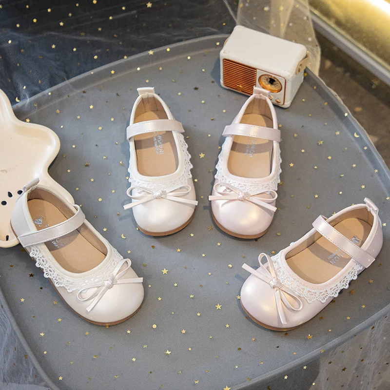 

Spring Girl's Princess Shoes Frilly Pink Beige Toddler Kids Flat Shoe Flexiable Sole Slip-resistant Sweet Children Dress Shoe