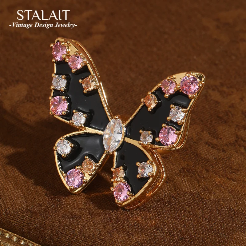 

Vintage Zircon Pink Butterfly Rings For Woman Black Enamel Crystal Real Gold Plated Rhinestone Large Luxury Brands Jewelry 2025