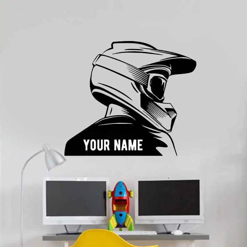 Custom Name Motocross Helmet Wall Sticker Vinyl Home Art Decor Kids, Rider Bedroom Fashion Decor Rider Helmet Wall Sticker Mt07