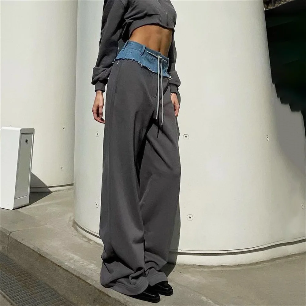 2024 neue High Taille Kordel zug Denim Nähte gerade Hose y2k neue Street Hip Hop boden lange kausale lose Damen hose