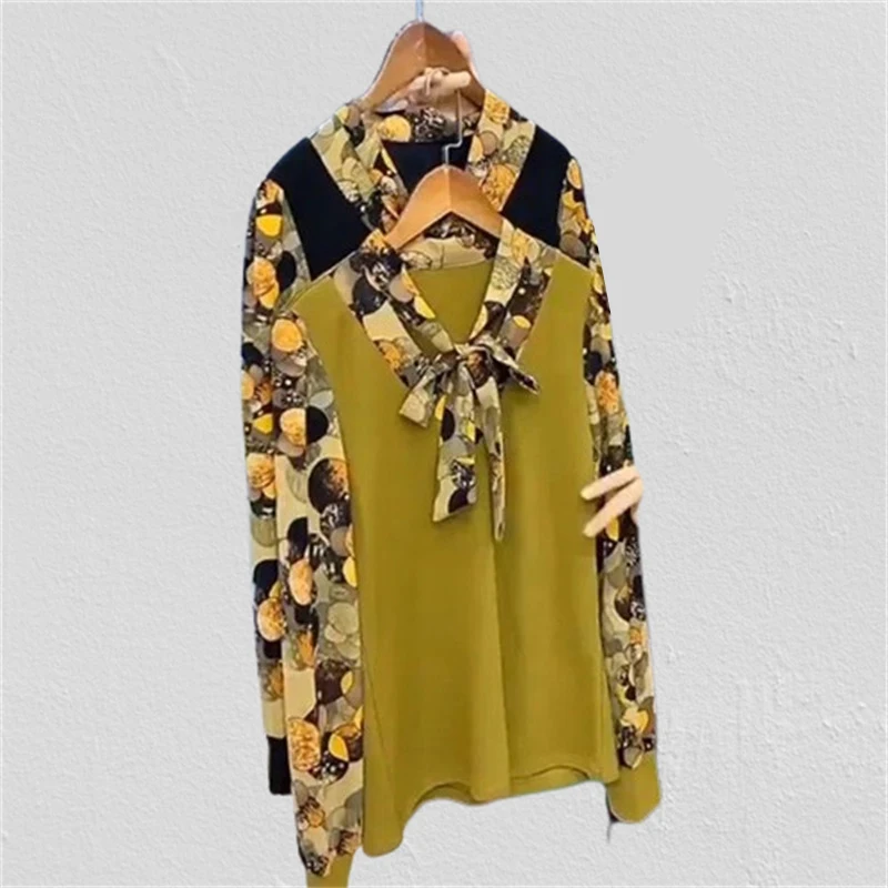 Women Stylish Print Patchwork Bow Lace Up Blouses Elegant Long Sleeve Loose Shirts Autumn Casual V Neck Tops Blusas Para Mujer