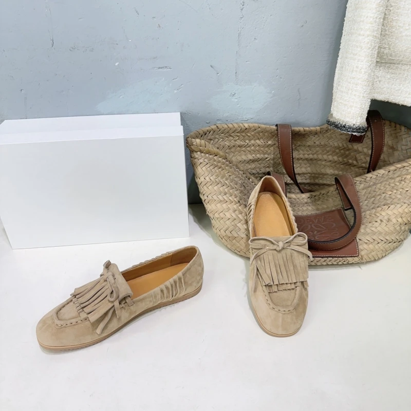 New leather flat bottomed round toe tassel one foot loafers comfortable single shoes women's bean shoes