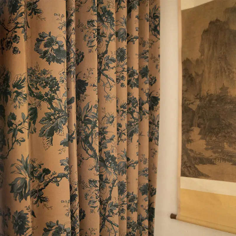 Brown Leaf Printing Chenille Thickened Blackout Curtains for Living Room Bedroom French Window Partition Curtain Customized