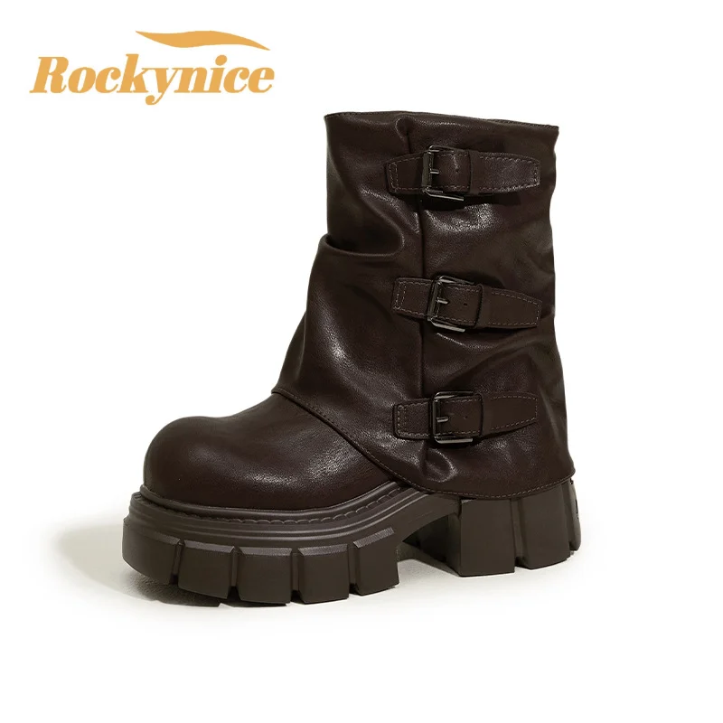 

Women’s High Platform Ankle Boots 9CM Chunky Heels Soft Leather Sneakers Short Motorcycle Riding Buckle Boots for Fall Winter