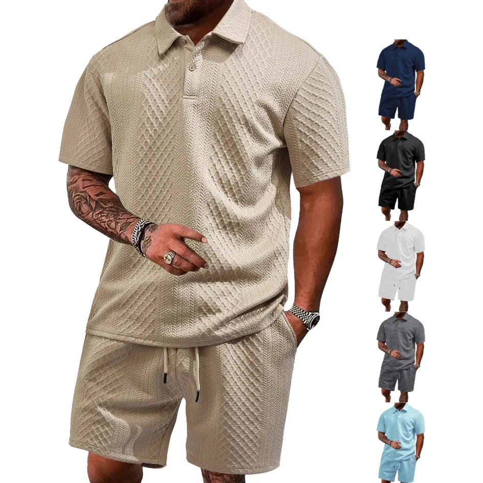 

Men's Casual Sports Polo Shirt And Short-Sleeved Suit Set with Collar New Summer Style Jacquard Fabric Comfortable Breathable