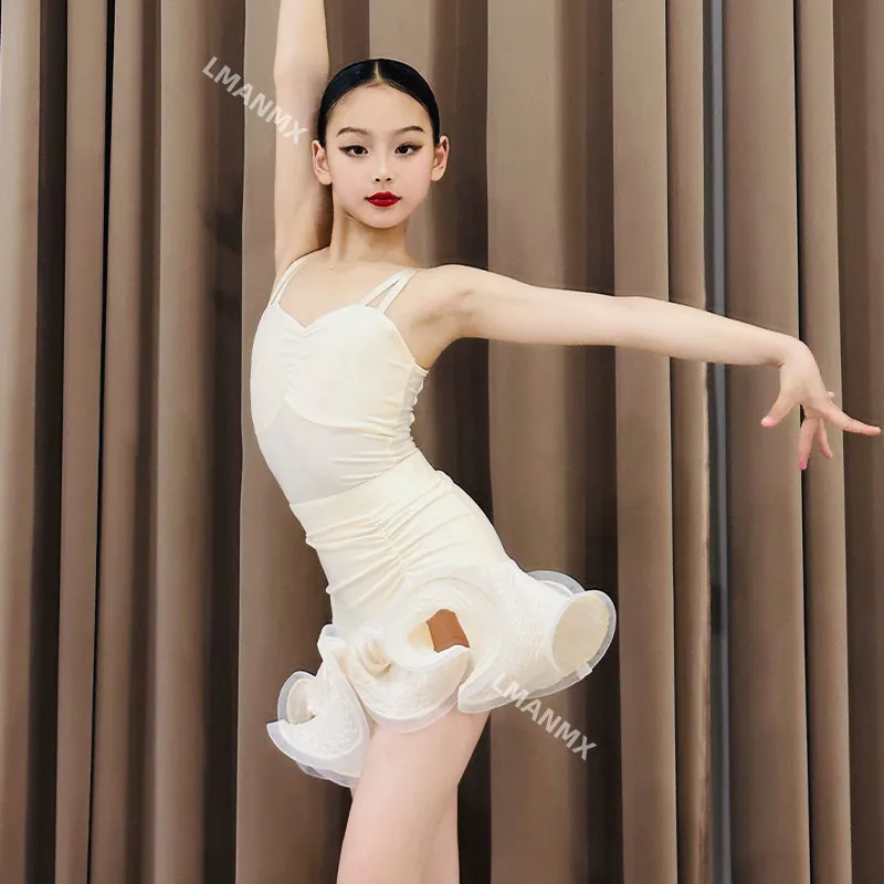 2025 Vestido de baile latino, vestido de práctica para niñas, nuevo vestido de actuación para niños de primavera y verano