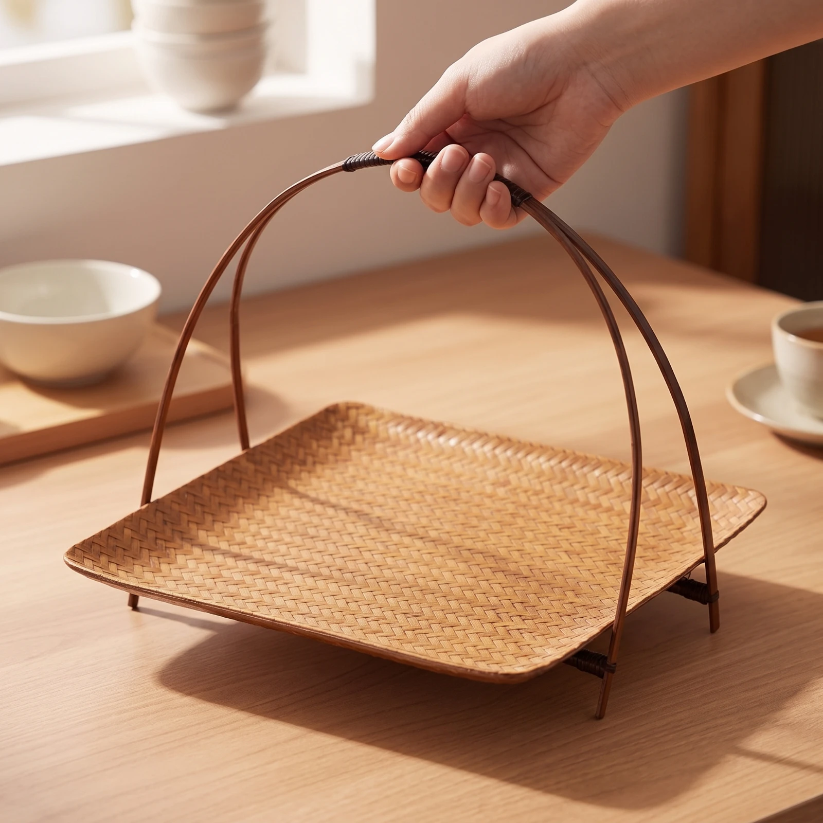 Bamboo Tray with Stand Rustic Woven Snack Platter Compact Decorative for Hosts, Tea Time, Tabletop