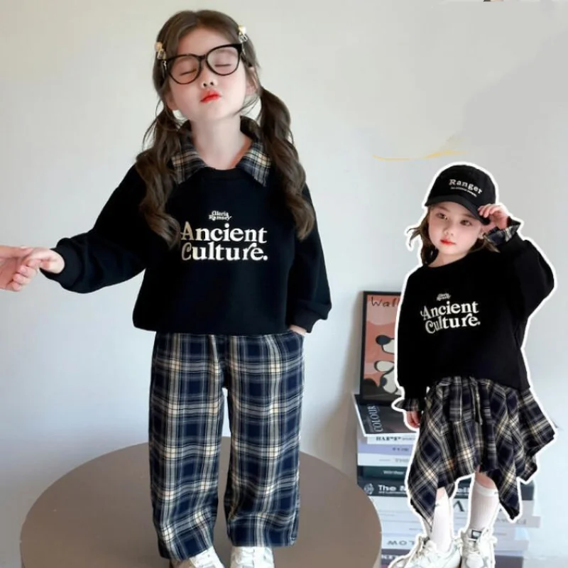 

Girl Hoodie Two-Piece Set Spring Autumn Pullover Round Neck Tops Grid Pants Skirt Child Kawaii Fashion New Style Casual Clothing