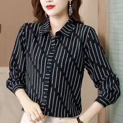 Women's Spring and Autumn Fashion Commuter Polo Neck Striped Button Casual Versatile Long Sleeved Loose Chiffon Shirt Tops