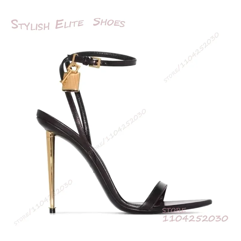 ゴールドメタルスティレットサンダル女性ロックチェーンブラックレザーヒョウグラフィティヒールバックルオープンヒールセクシーなシンプルなオフィスレディシューズ