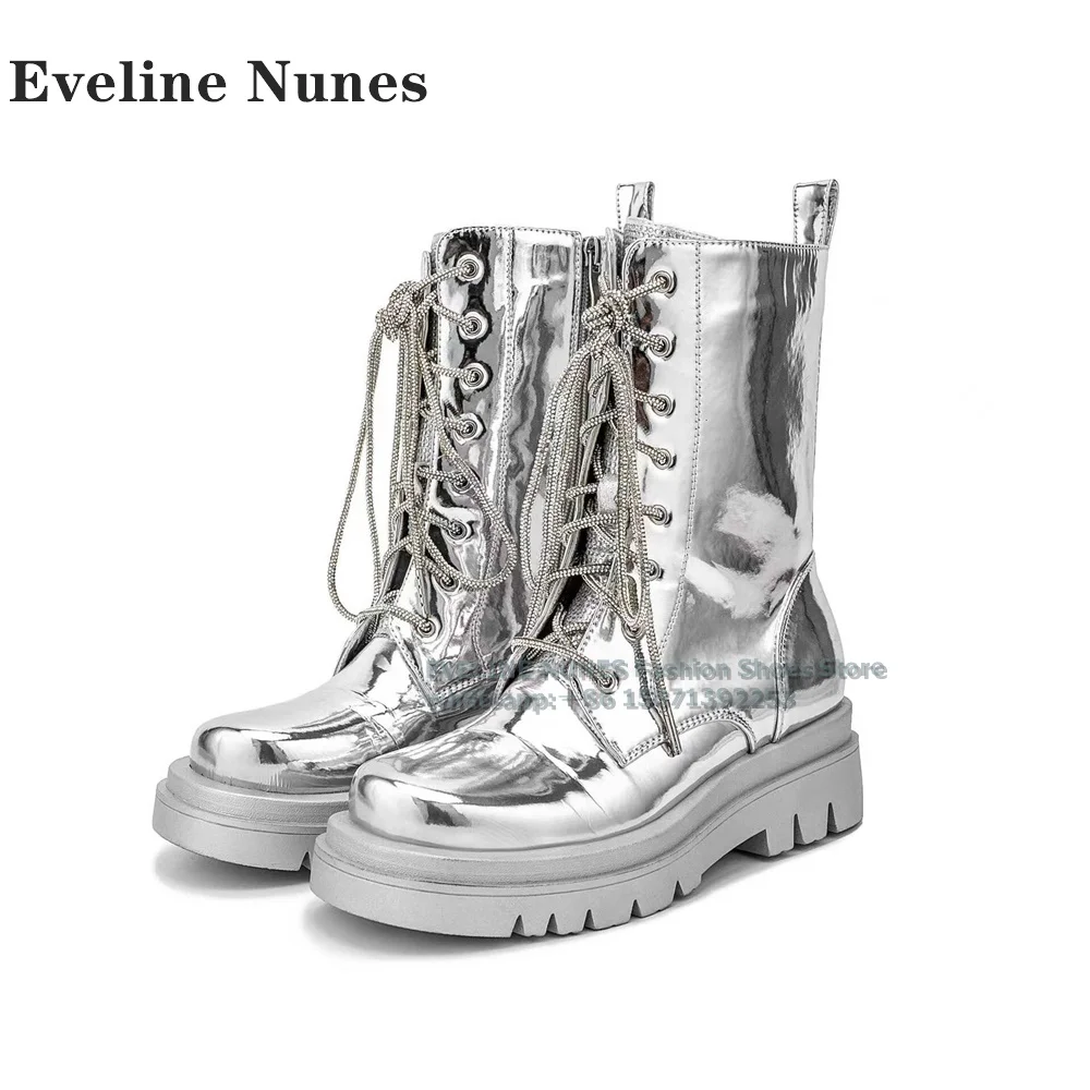 

Silvery Lace Up Patchwork Mid Calf Boot Round Toe Height Increasing Solid Shiny Patent Leather Couple Modern Boots Runway Show