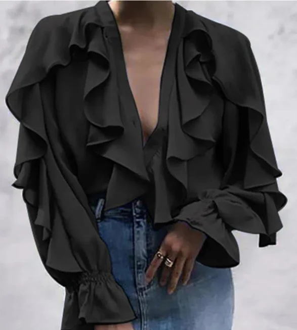 2021 The New Women Ladies Chiffon Ruffle Bell Sleeve Loose Shirt Top Summer Blouse Tops