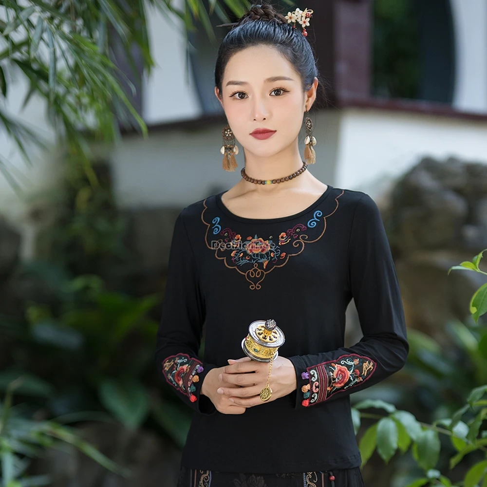 

Осень 2022, новая футболка для похудения в китайском этническом стиле с круглым воротником и длинными рукавами, вышитая модальная футболка для похудения, элегантная блузка в стиле ретро t001