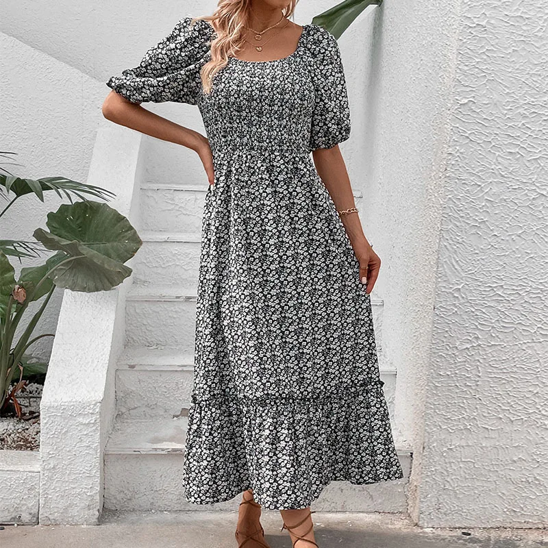 

Women Clothing Female Dress Backless Floral Midi Vintage Chic And Elegant Summer Casual Women Dresses