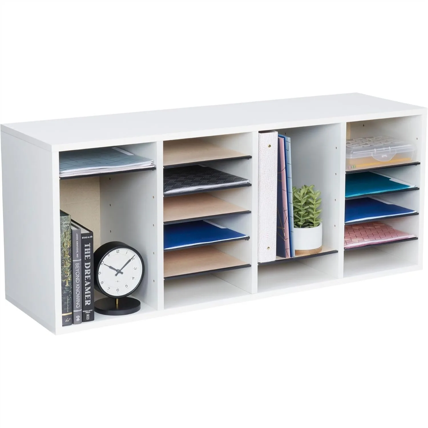 

Literature Organizer, 24 Compartments Office Mailbox with Adjustable Shelves, White Wood Paper Sorter