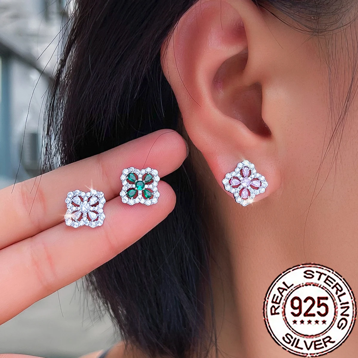 

Серьги-гвоздики QooLady из стерлингового серебра 925 пробы с роскошными розовыми, белыми и зелеными фианитами в форме большого четырехлистного цветка для женщин, подарок на День матери, SE180