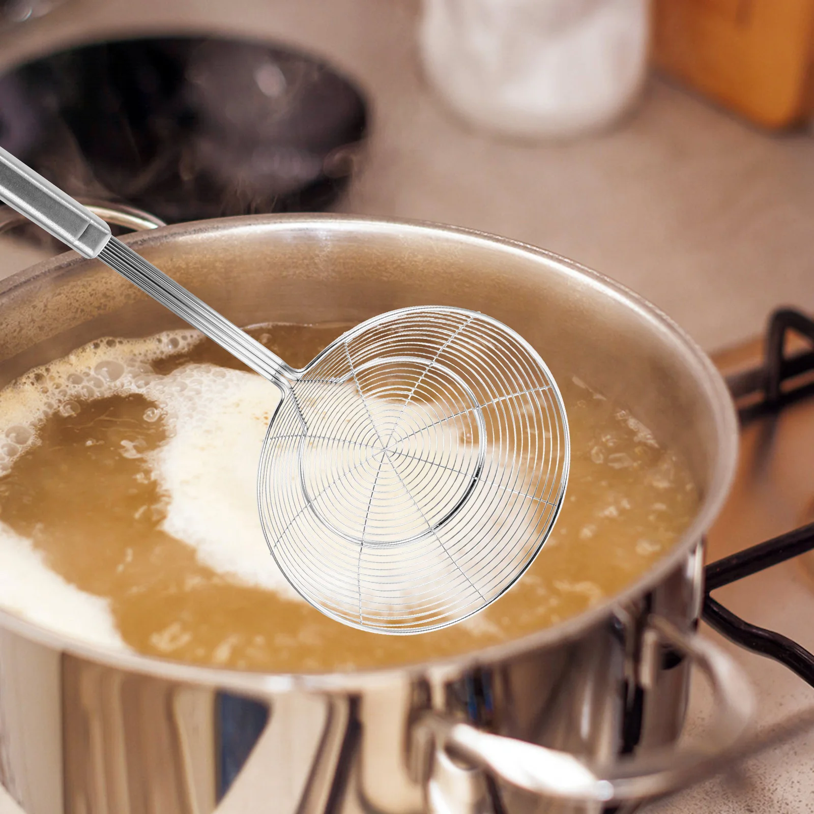

2pcs Kitchen Strainer Spoon Stainless Steel Mesh Slotted Ladle For Frying Hot Pot Noodle Draining Oil Skimmer With Hanging Hole