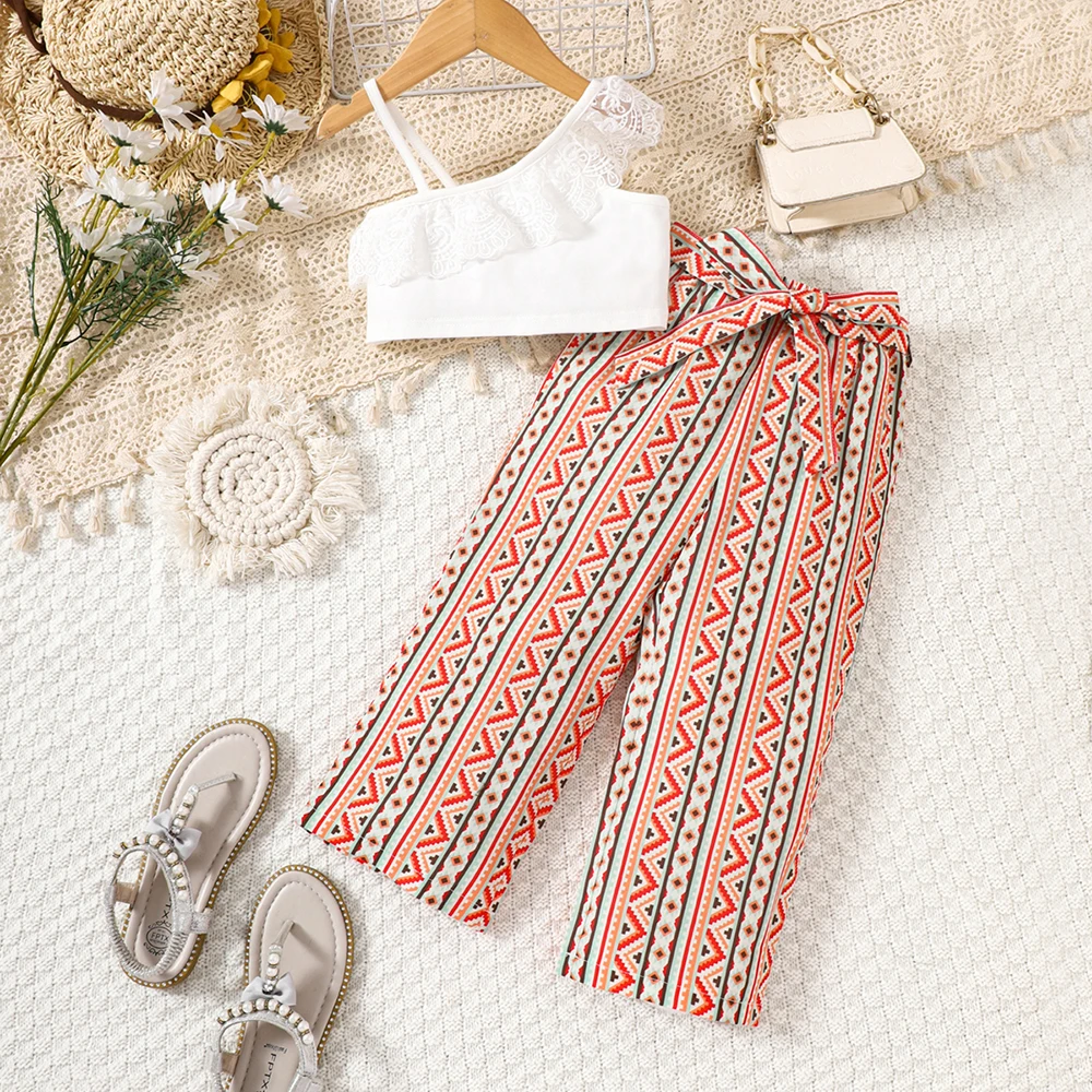 Small And Medium-Sized Children's New Product Girls' Summer Diagonal Shoulder Strap+Ethnic Style Pants Set