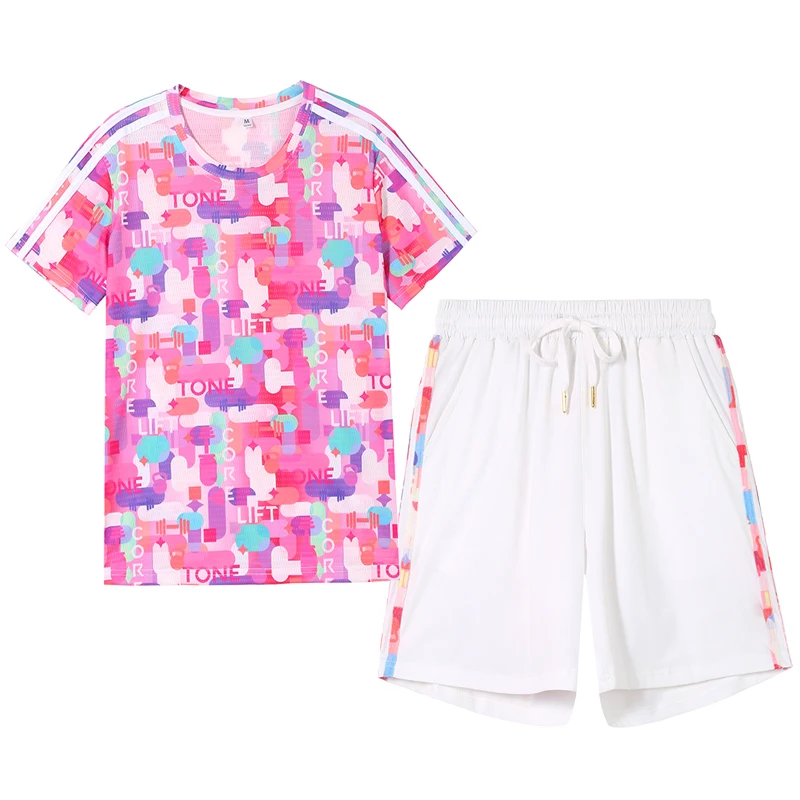 Qui Dry Sportswear Set for Women Summer 2025 Floral Print round Ne ort Sve orts Performance Square Dancing Casual ...