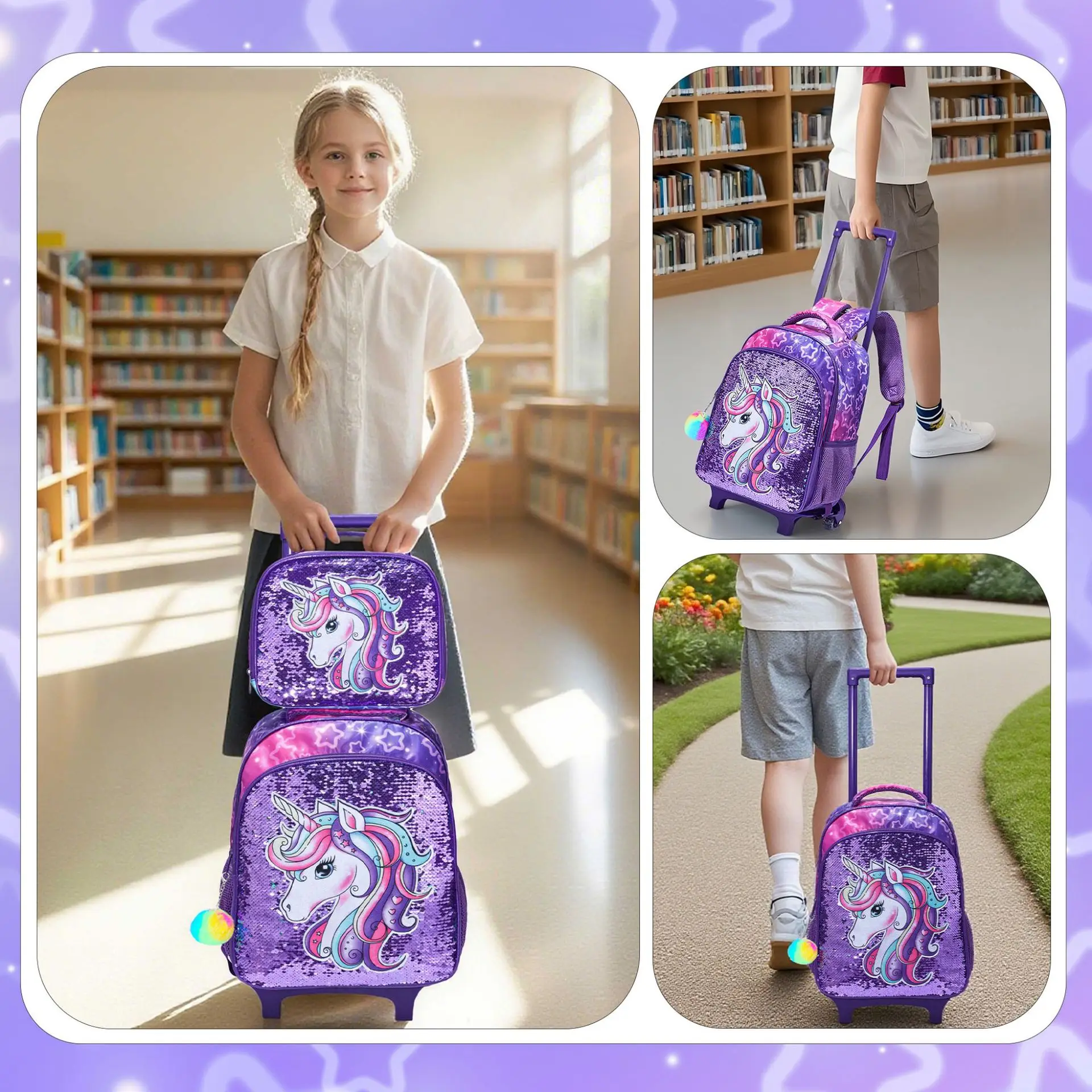 Primary School Student School Trolley Bags Set with Lunch Bag Pen bag Travel Trolley Bag for Girls Rolling Luggage Suitcase