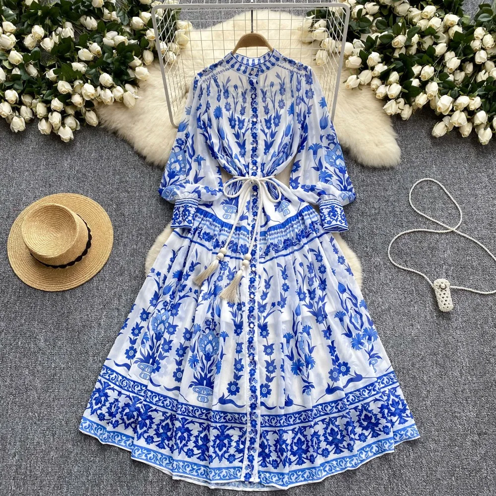 Neploe Senior O Neck Lantern Sleeve Print Vestidos Mid-length Court Lace Up Panelled Mujer New Summer Chiffon Bif Swing Dresses