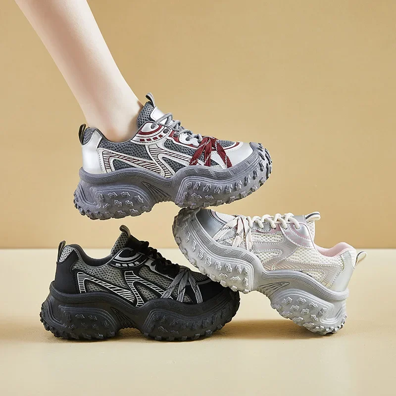 

Pop Women Vulcanized Shoes Women Thick Soled Sports Shoes Casual Women Shoes Breathable Mesh Fabric Height Increase Anti Slip