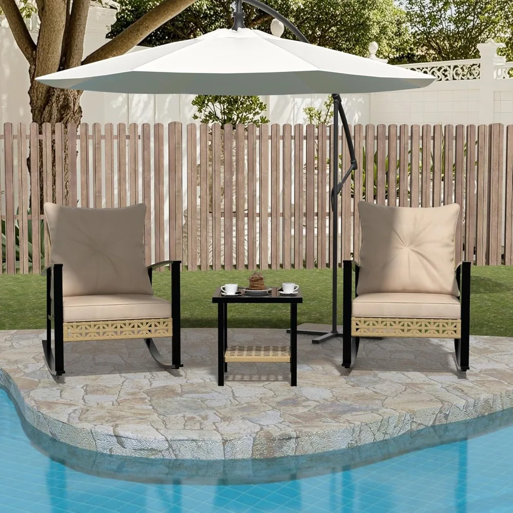 3ピース屋外ロッキングビストロセット、籐製パティオ屋外家具、ポーチチェア、ガラス製コーヒーテーブル付き会話セット。