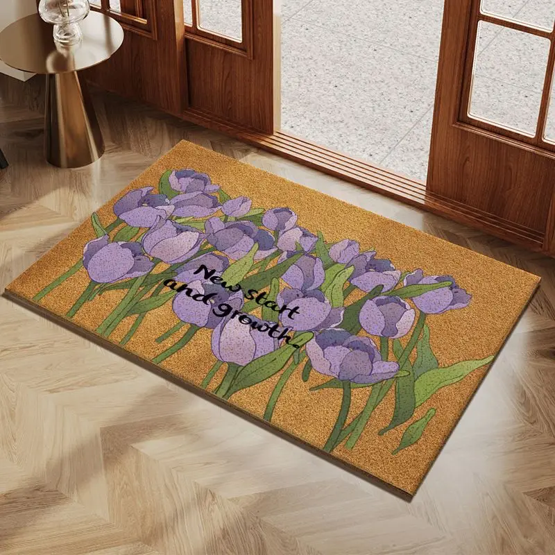 VIKAMA Purple Tulip Doormat New Start Growth Flower Welcome Mat Non Slip Soft Floor Rug for Front Door Entryway Spring Floral