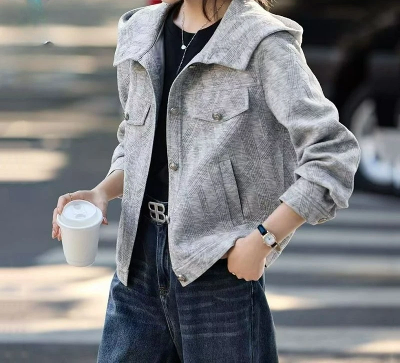 

Новая модная тонкая универсальная куртка-пальто с капюшоном и фактурной отделкой на одной пуговице для женщин, весна 2026