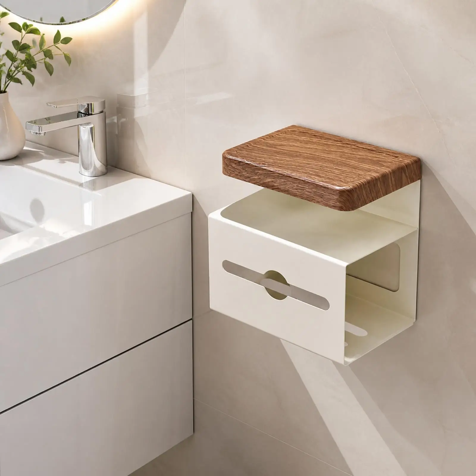 Bathroom Tissue Hanger with Upper Shelf Carbon Steel Wood Grain Finish for Toilet Paper Dispenser