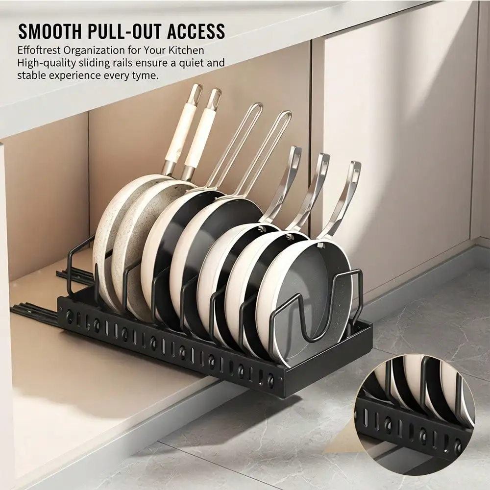1/2pcs Cabinet Pull-Out Storage Box For Pots, Pans, Bowls, And Utensils. Sliding Lid Holder And Flat-Bottom Pan Holder For The Kitchen. Sliding Storage Box Within The Cabinet. Can Store Lid, Baking Tools, And Plates. 8/16 Adjustable Dividers.