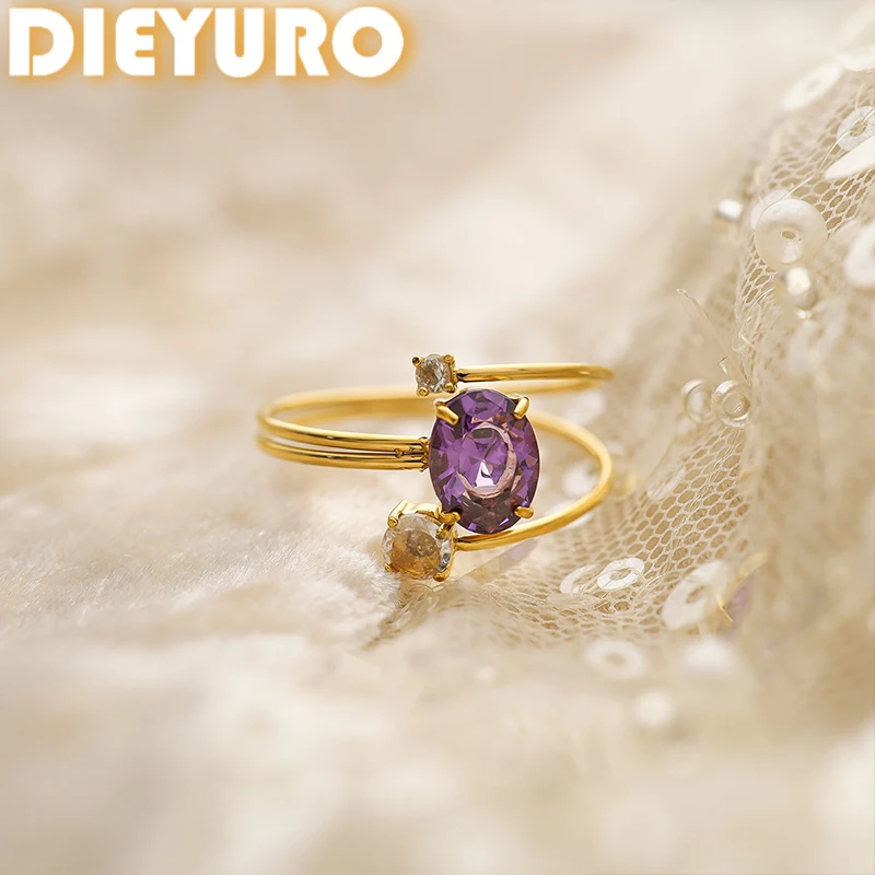 DIEYURO 18K ゴールドメッキステンレススチールスタックデザインキュービックジルコニアアメジストパープルリング調節可能なエレガントなジュエリー女性用 1