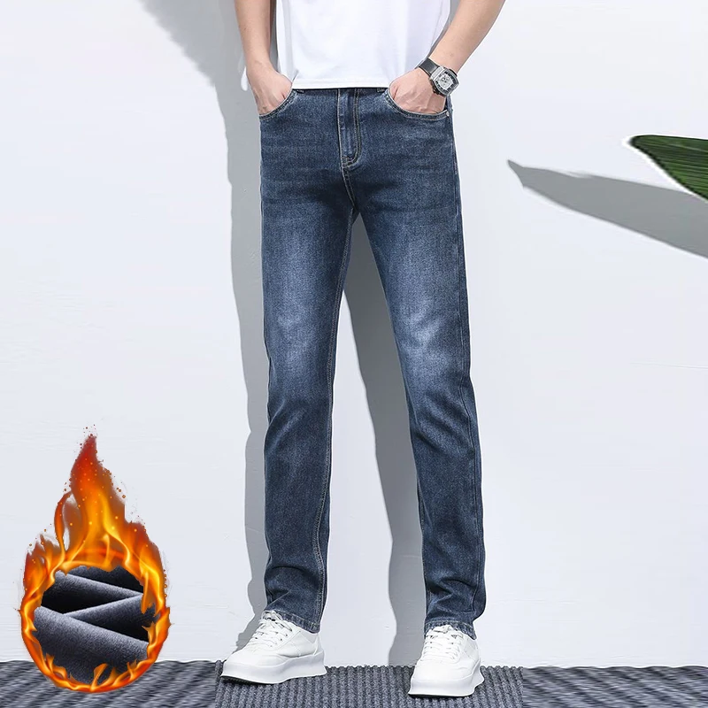 

Мужские осенне-зимние утолщенные теплые джинсы на флисовой подкладке, мужские свободные прямые винтажные джинсовые брюки, повседневные удобные облегающие брюки