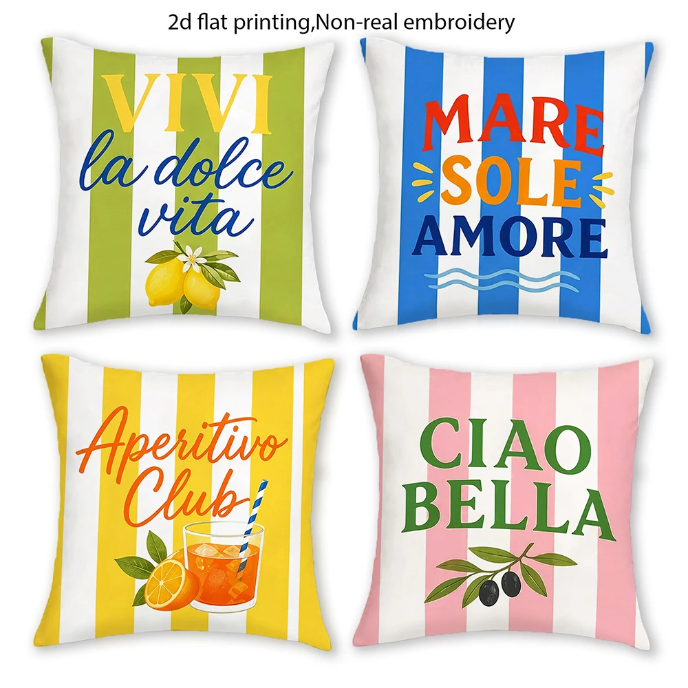 4pcs Italian Style Summer Throw Pillow Covers with Lemon Aperitivo and Mediterranean Prints